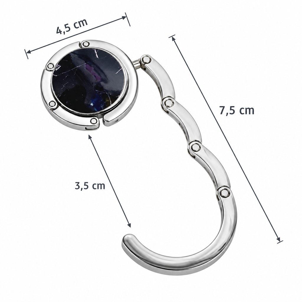 Dimensions de l'accroche-sac : disque de 4,5 cm, 7,5 cm une fois déplié