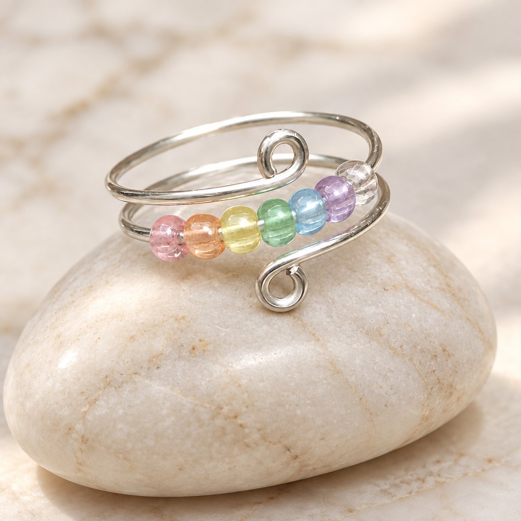 Bague anti-stress à perles arc-en-ciel pastel