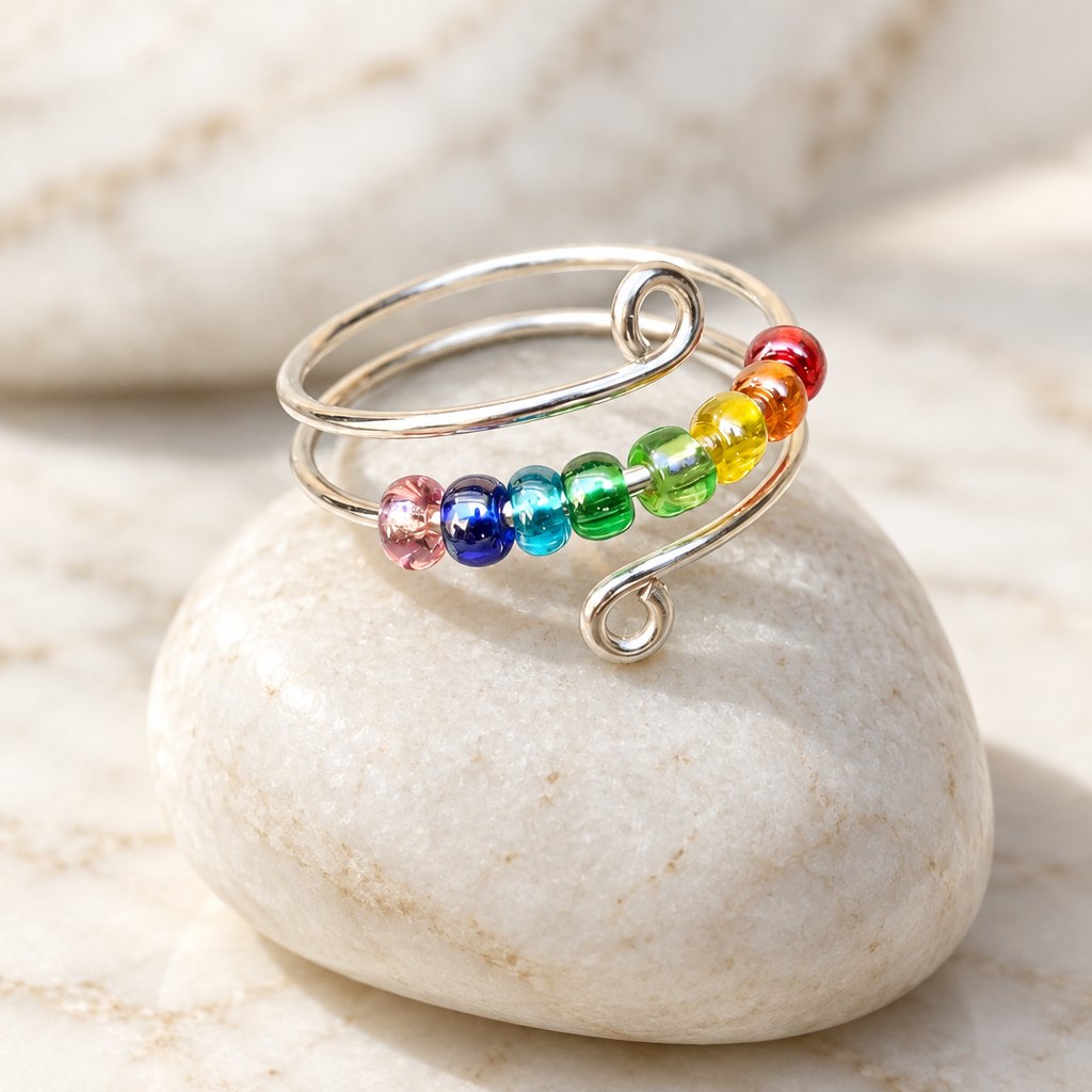 Bague anti-stress à perles arc-en-ciel