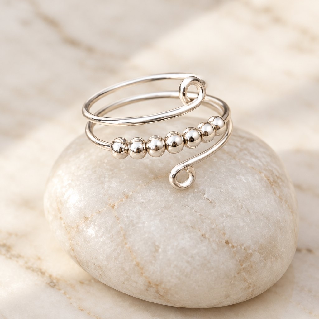 Bague anti-stress argent à 8 perles qui tournent, anneau spirale réglable