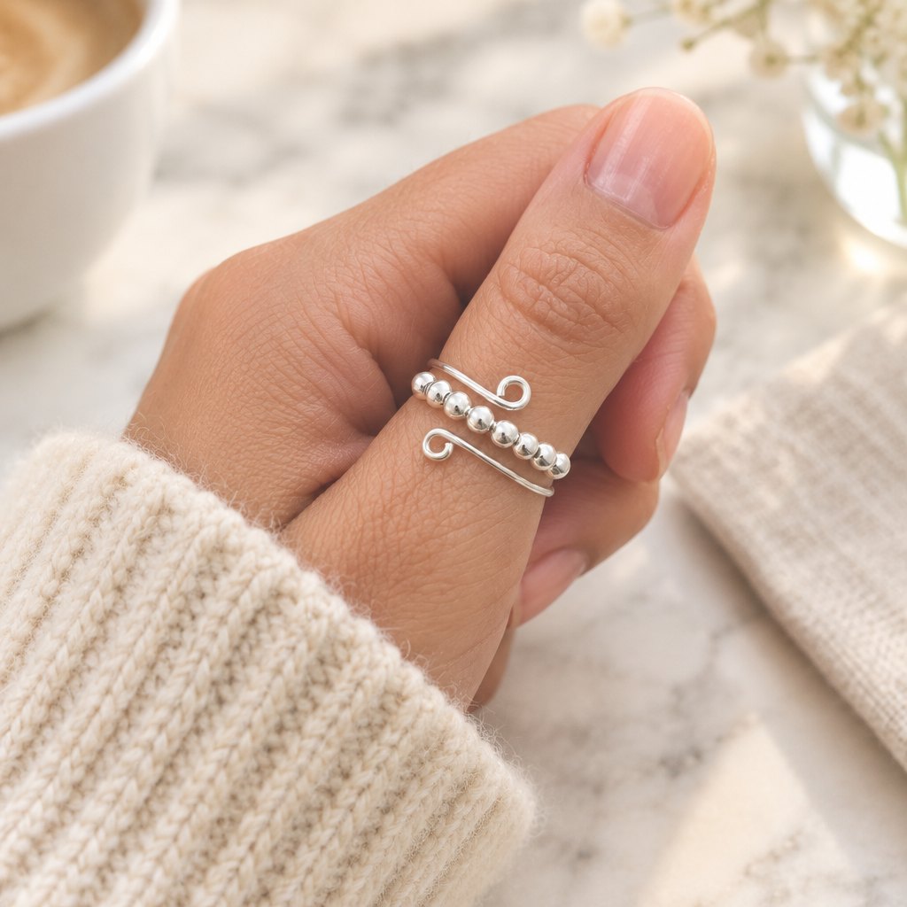 Main qui fait tourner les perles d'une bague anti-stress