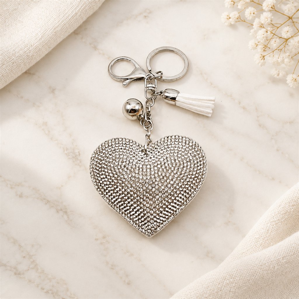 Bijou de sac cœur argenté à strass blancs, pompon blanc