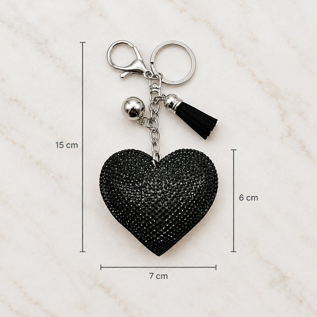 Dimensions du bijou de sac : cœur de 7 x 6 cm, 15 cm de long en tout