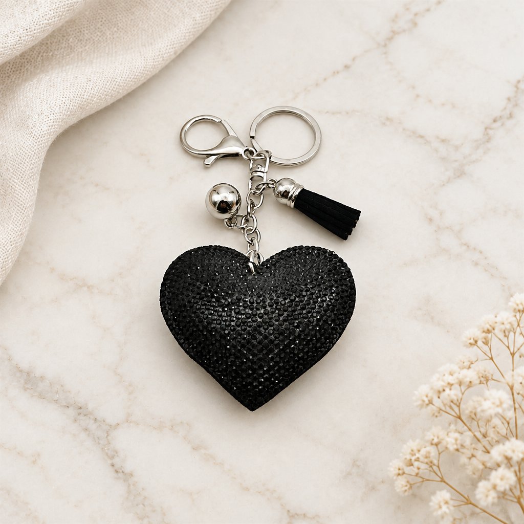 Bijou de sac cœur en velours noir à strass, pompon noir