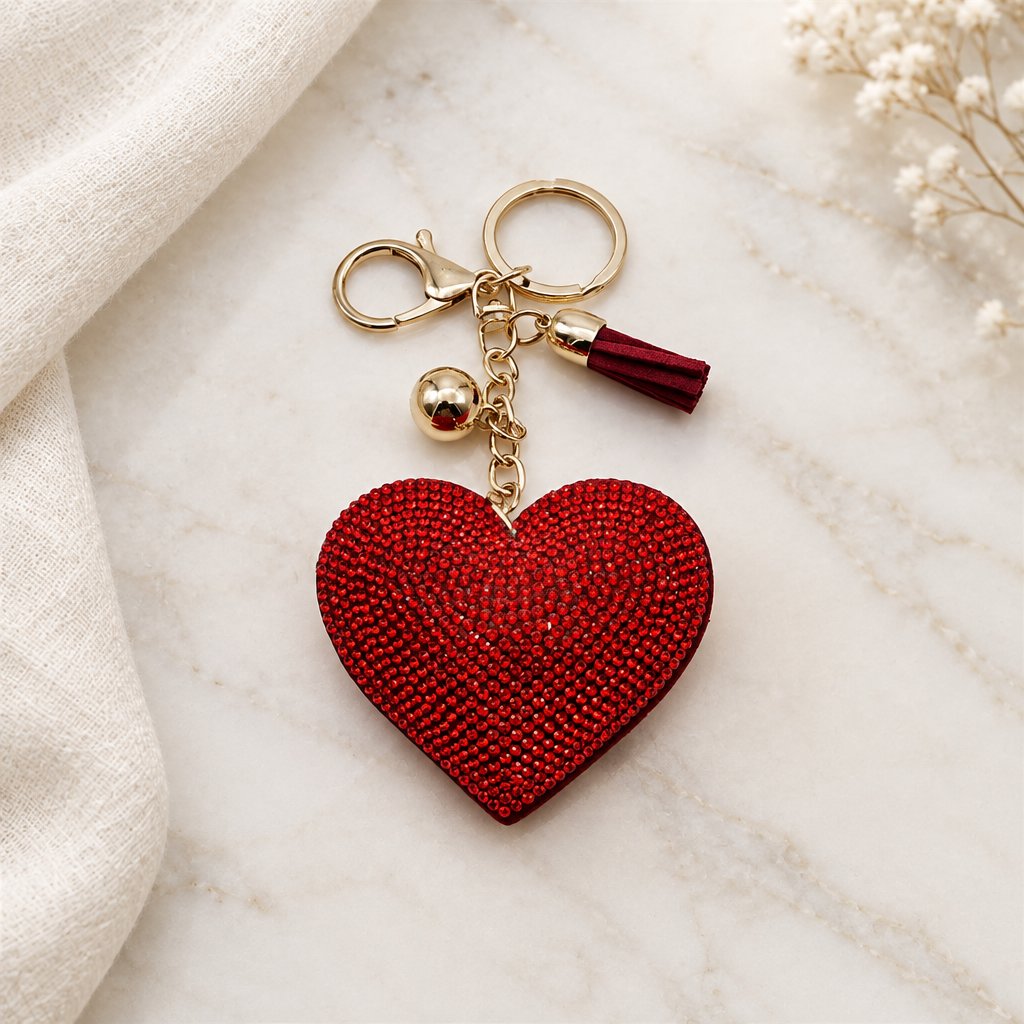 Bijou de sac cœur rouge à strass, attaches dorées, pompon bordeaux