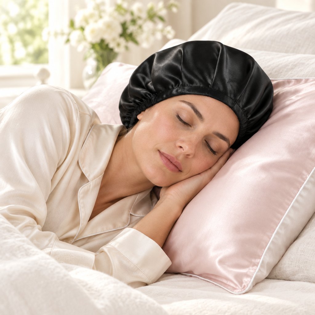 Femme endormie avec un bonnet en satin noir, sur une taie d'oreiller rose clair