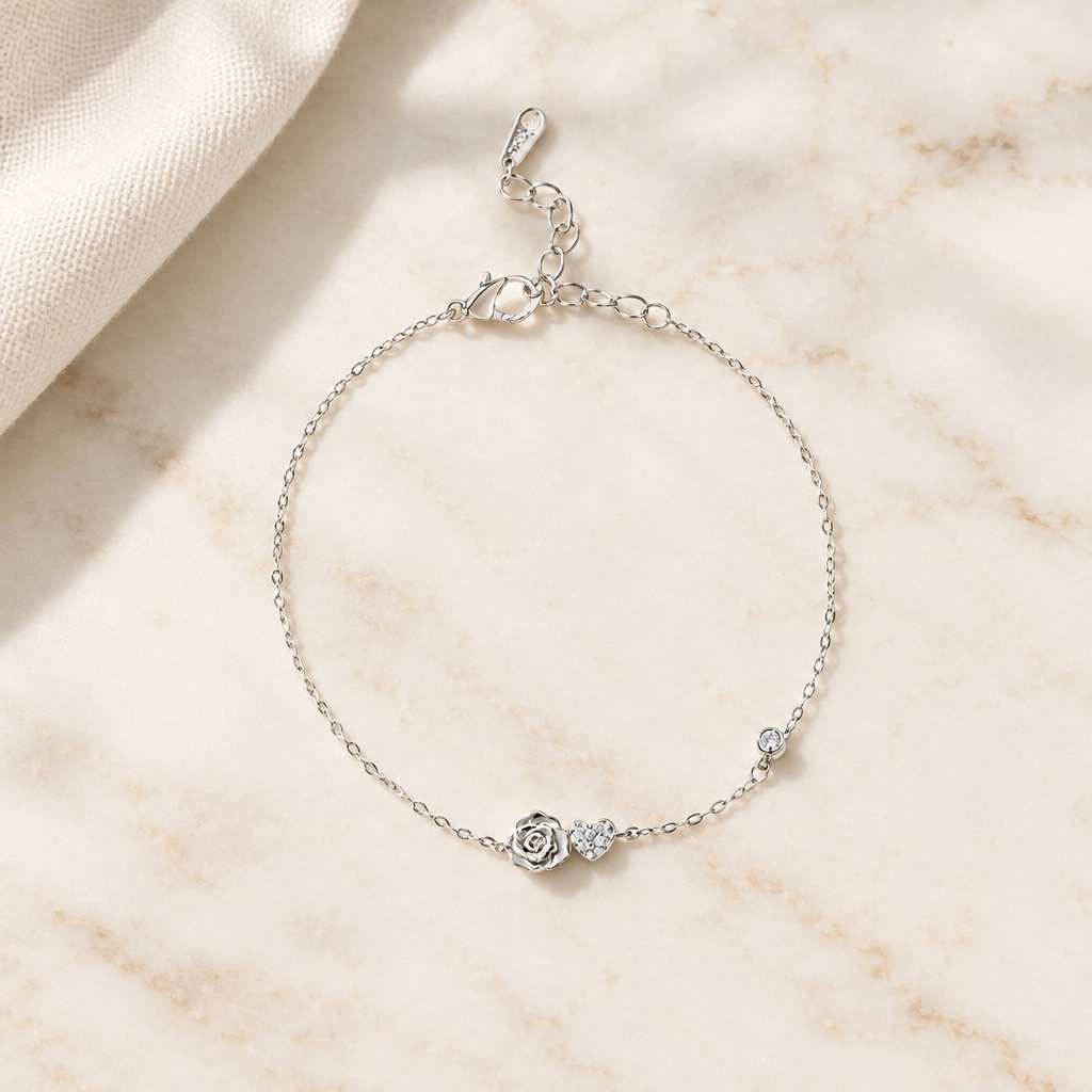 Bracelet argenté à rose et cœur, avec fermoir et chaîne d'extension