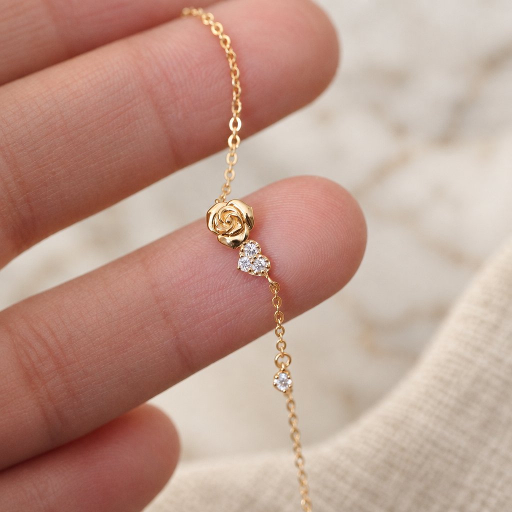 Gros plan sur la rose et le cœur du bracelet doré