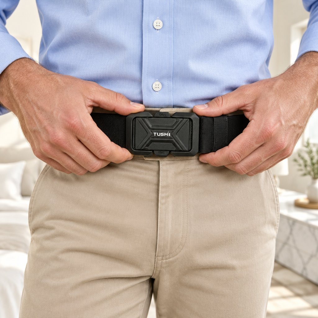 Homme qui ferme sa ceinture automatique noire sur un chino