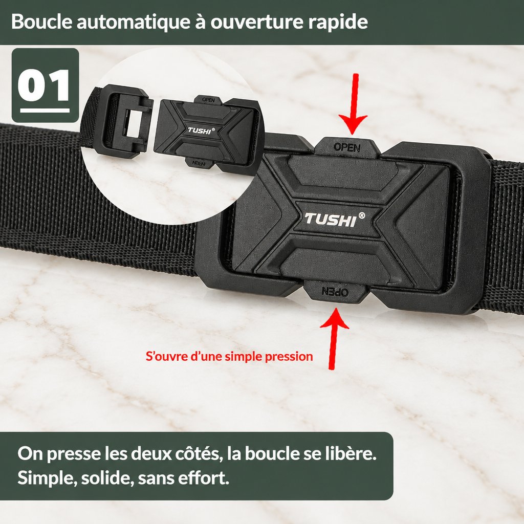 Boucle automatique qui s'ouvre d'une simple pression sur les côtés