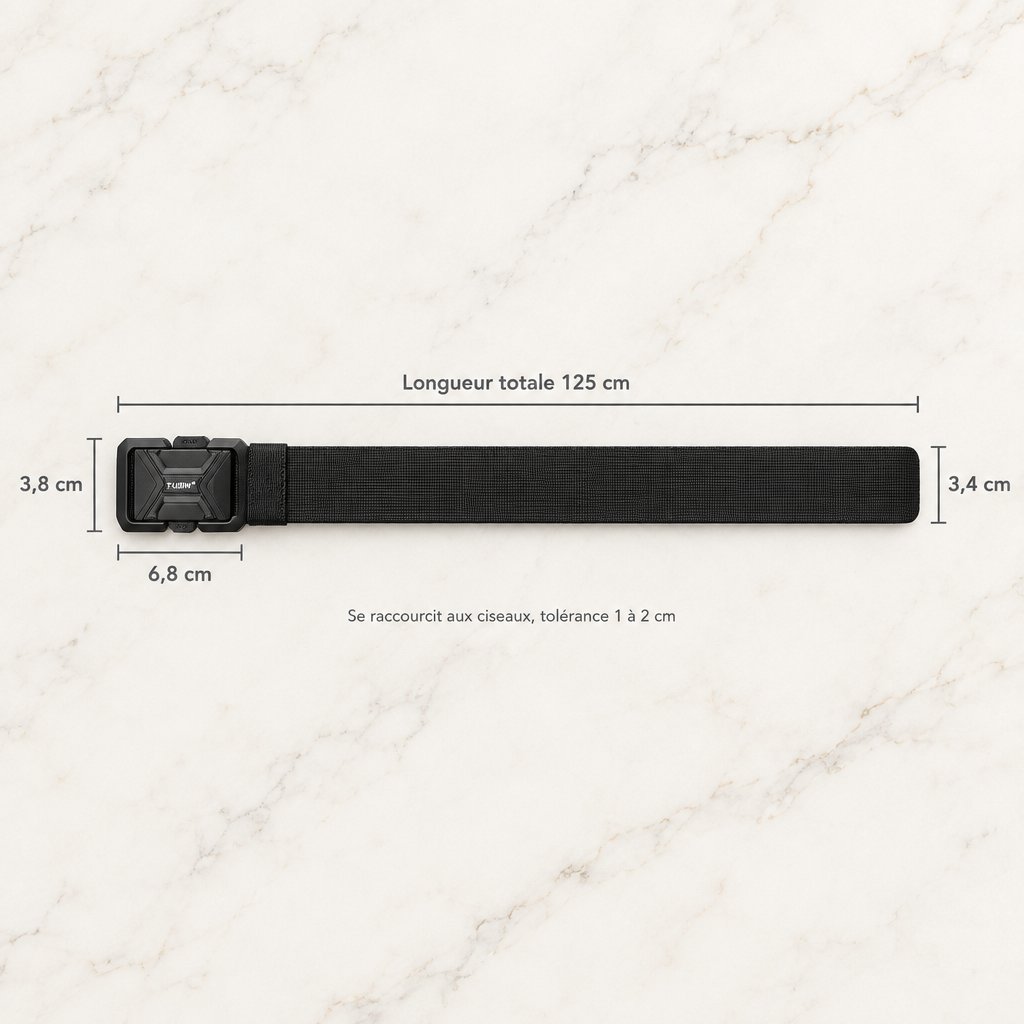 Dimensions de la ceinture : 125 cm de long, sangle de 3,4 cm, boucle de 6,8 x 3,8 cm