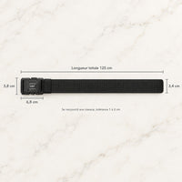 Dimensions de la ceinture : 125 cm de long, sangle de 3,4 cm, boucle de 6,8 x 3,8 cm