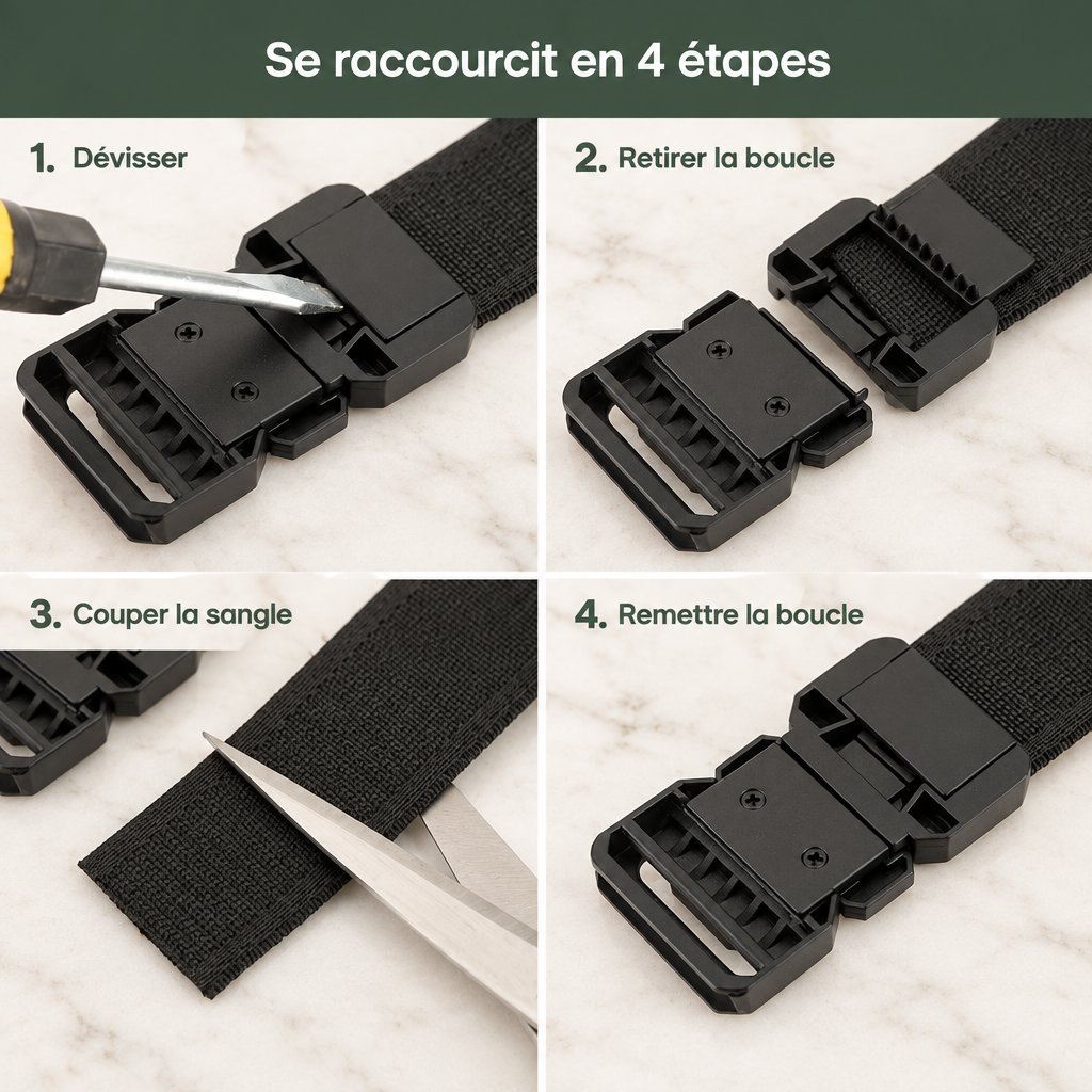 La ceinture se raccourcit en 4 étapes : dévisser, retirer la boucle, couper la sangle, remettre la boucle