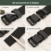 La ceinture se raccourcit en 4 étapes : dévisser, retirer la boucle, couper la sangle, remettre la boucle