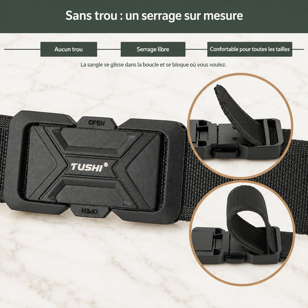 Ceinture sans trou : la sangle se glisse dans la boucle et se bloque où vous voulez