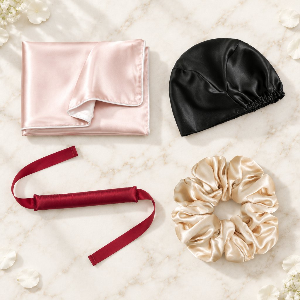Coffret Nuit des cheveux : taie rose clair, bonnet noir, ruban bordeaux et chouchou champagne en satin