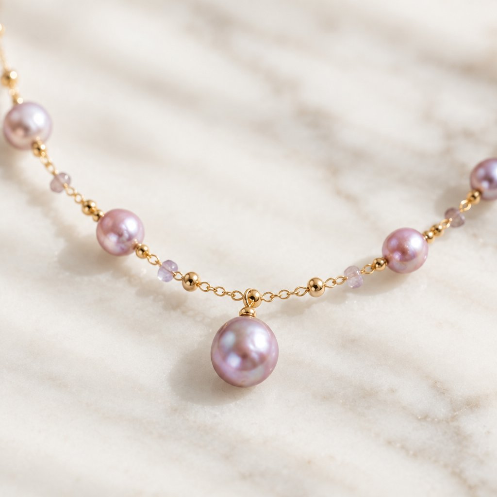 Gros plan sur la perle goutte et les perles lilas du collier