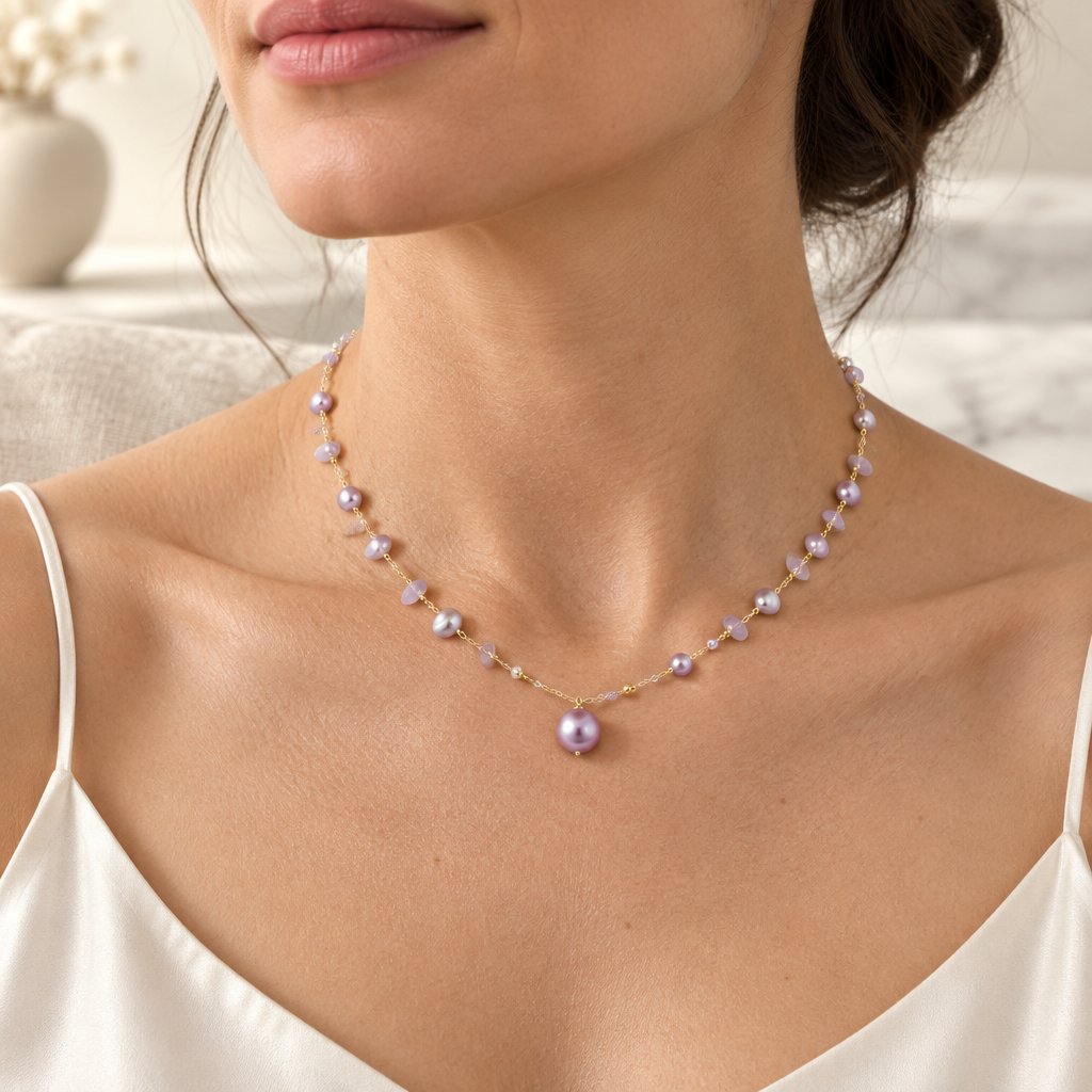 Collier de perles lilas porté ras du cou