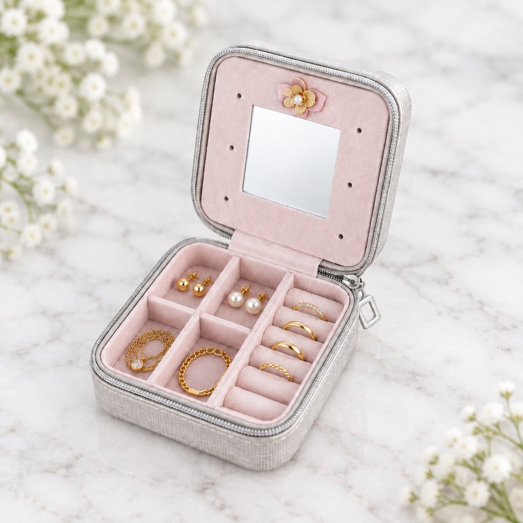 Étui à bijoux de voyage gris ouvert : miroir, cases et rouleaux à bagues Image