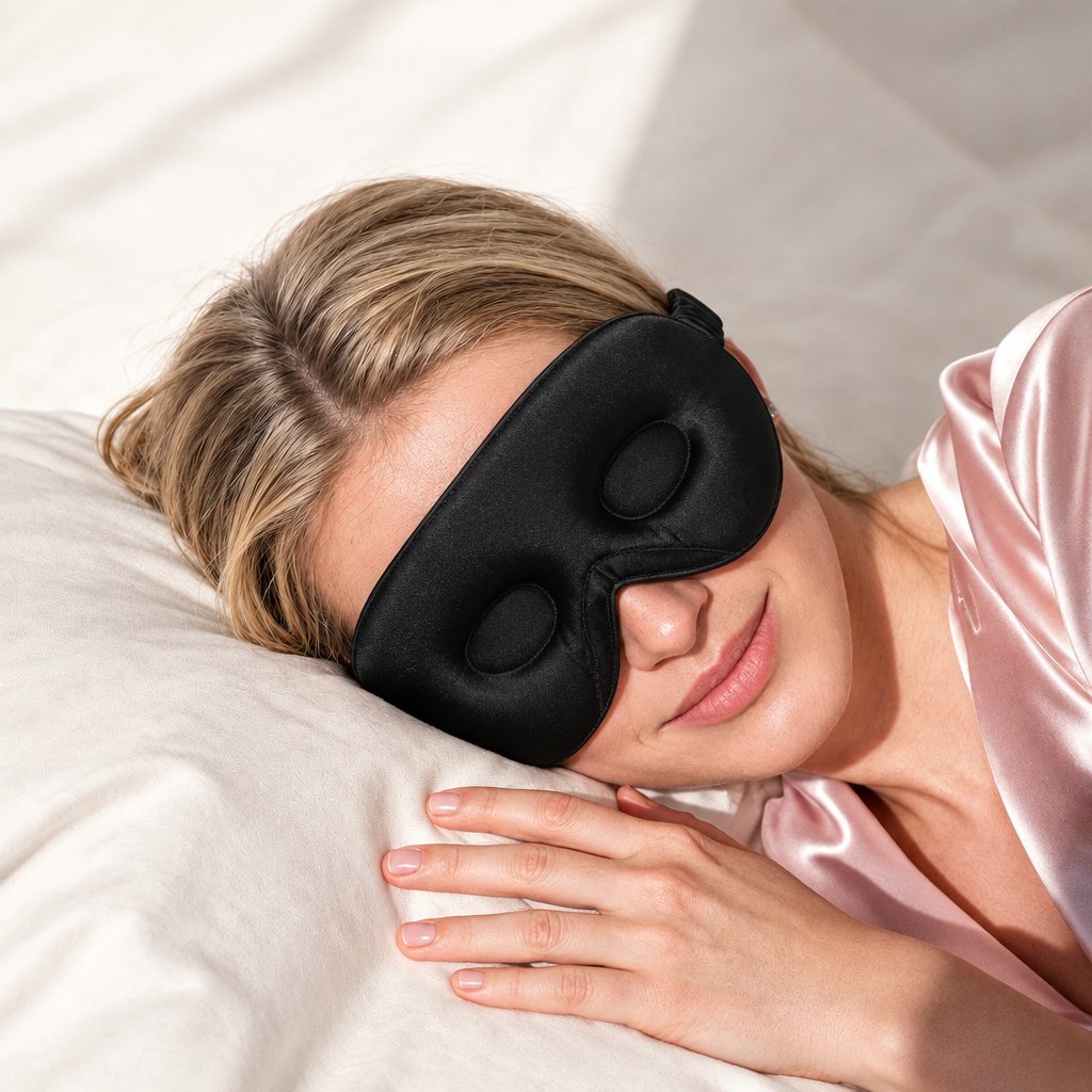 Femme endormie sur le côté avec son masque de nuit noir