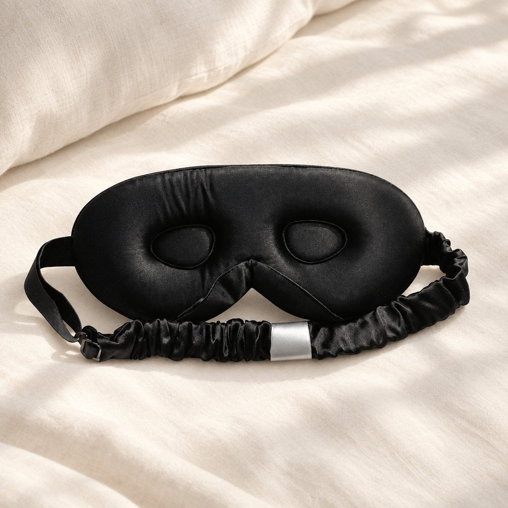 Masque de nuit 3D en satin noir, vu de face