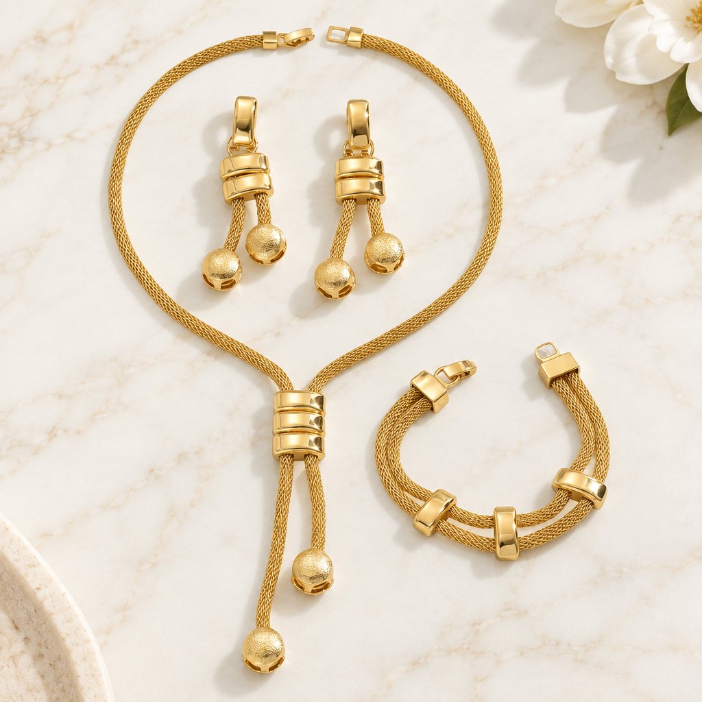 Parure de bijoux dorée : collier, boucles d'oreilles et bracelet