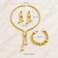Dimensions de la parure : collier 39 cm, boucles 6,5 x 2,3 cm, bracelet 18 cm, 50,6 g