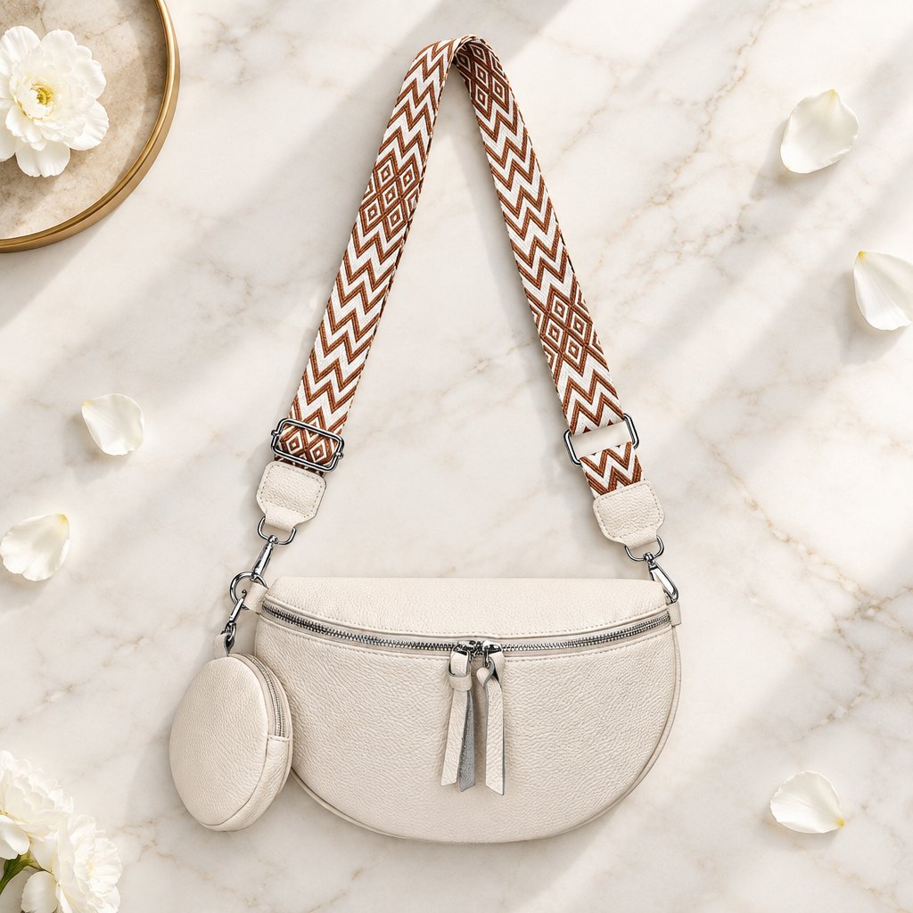 Sac, porte-monnaie et sangle posés à plat