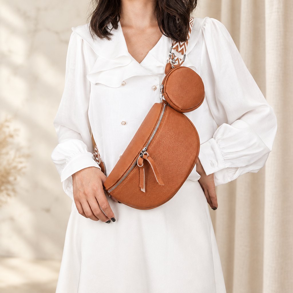 Sac bandoulière demi-lune caramel porté