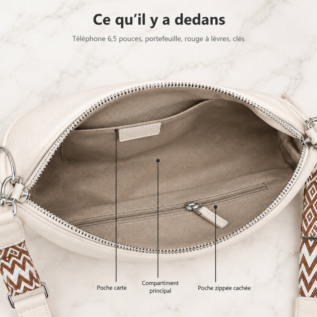 Intérieur du sac : grand compartiment, poche pour les cartes et poche zippée