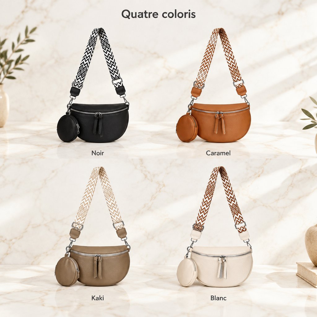 Le sac bandoulière en quatre coloris : noir, caramel, kaki et blanc