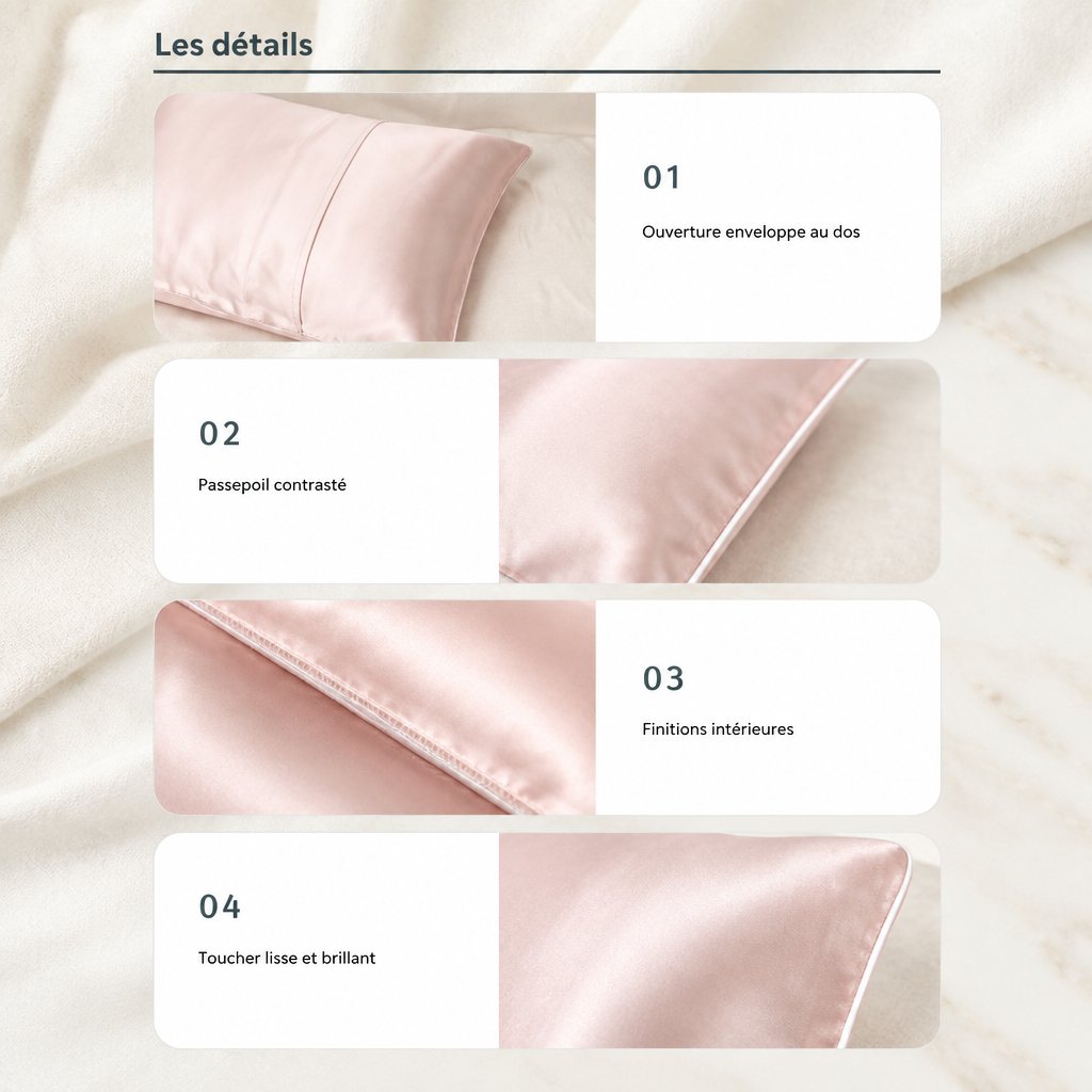 Détails de la taie en satin : ouverture enveloppe au dos, passepoil et finitions