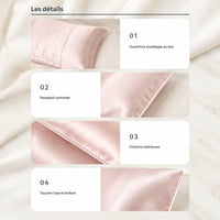Détails de la taie en satin : ouverture enveloppe au dos, passepoil et finitions