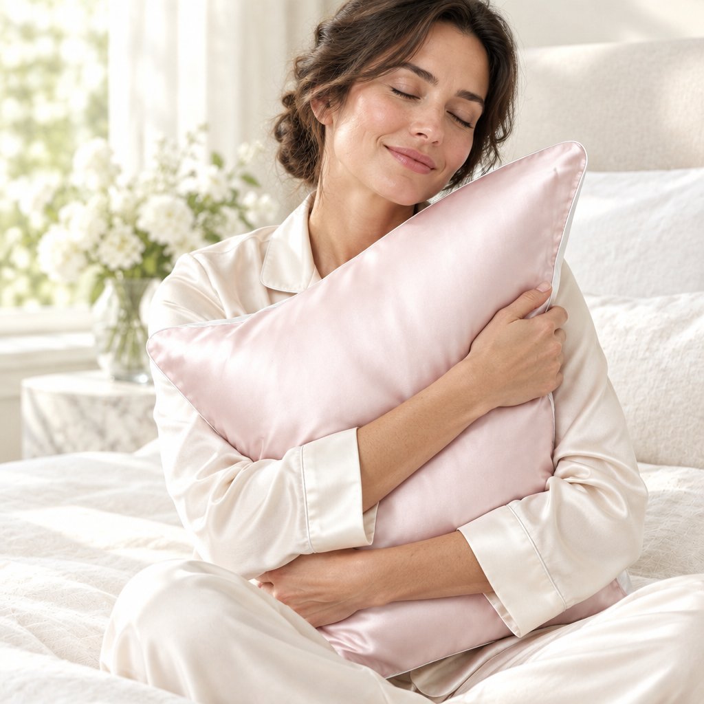 Femme qui serre un oreiller dans sa taie en satin rose clair
