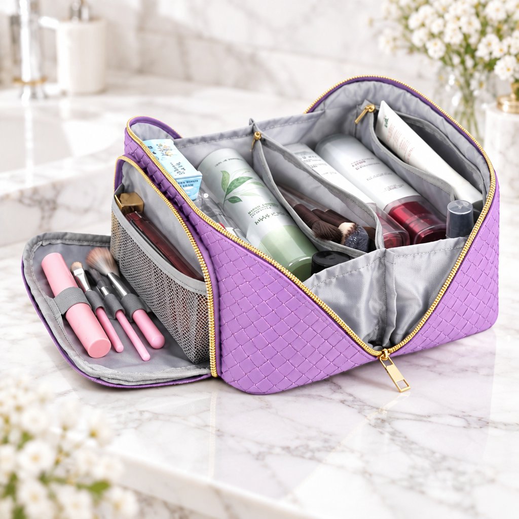 Trousse de maquillage lilas grande ouverte, avec ses compartiments